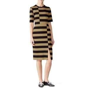 Derek Lam 6 Offset Stripe Dress Beige Black Cotton Short Sleeves Knee Length